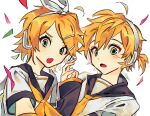  1boy 1girl :o black_sailor_collar blonde_hair blush confetti fang green_eyes hair_ribbon headphones holding_hands kagamine_len kagamine_rin korean_commentary looking_at_viewer necktie open_mouth ribbon sailor_collar seeshin_see shirt siblings simple_background skin_fang vocaloid white_background white_headphones white_shirt yellow_necktie 