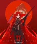  1girl absurdres black_bodysuit bodysuit cape chain collared_cape family_crest fate/grand_order fate_(series) full_moon hair_over_one_eye highres holding holding_sword holding_weapon medallion moon nmercy oda_nobunaga_(fate) oda_nobunaga_(maou_avenger)_(fate) oda_uri popped_collar red_background red_cape red_eyes red_hair solo sword tight_top upper_body weapon 
