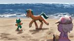 beach book dragon earth_pony equid equine female grandma_figgy_(mlp) green_body green_scales hasbro hi_res hitch_trailblazer_(mlp) horse male mammal mlp_g5 my_little_pony mythicalartist34 pony sand scales sea seaside sparky_sparkeroni_(mlp) turquoise_hair turquoise_tail visor water
