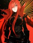  1girl black_background black_bodysuit bodysuit cape chain collared_cape family_crest fate/grand_order fate_(series) hair_over_one_eye medallion oda_nobunaga_(fate) oda_nobunaga_(maou_avenger)_(fate) oda_uri parted_lips popped_collar red_cape red_eyes red_hair sasakipantu solo tight_top upper_body 