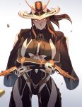  1girl breasts collared_shirt cowboy_shot dual_wielding fedora gloves gun handgun hat holding humanization jacket koyorin looking_at_viewer mask medium_breasts medium_hair mesa_(warframe) mesa_prime_(warframe) mouth_mask power_suit shell_casing shirt simple_background warframe weapon white_background yellow_eyes 