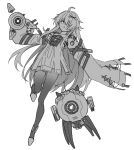  ahoge bandage_over_one_eye detached_sleeves dress drone grey_theme greyscale hair_ornament highres monochrome no.21&#039;s_buddy_(punishing:_gray_raven) no.21:_xxi_(punishing:_gray_raven) no.21_(punishing:_gray_raven) non-humanoid_robot one-eyed open_mouth punishing:_gray_raven robot sleeves_past_fingers sleeves_past_wrists tro_vo0723 unkempt white_background x_hair_ornament 