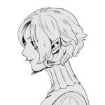  1boy bags_under_eyes dungeon_meshi elf elftoissho from_side gorget looking_ahead male_focus mithrun monochrome notched_ear parted_lips pointy_ears portrait profile short_hair simple_background solo uniform 
