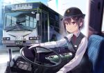  1girl ascot black_hair black_headwear black_pants black_vest blush bus closed_mouth commentary_request driving gloves headlight highres license_plate long_sleeves looking_at_viewer motor_vehicle multiple_views original pants png_pant_(bus) purple_eyes red_ascot second-party_source shirt short_hair sitting smile steering_wheel translation_request vest white_gloves white_shirt 