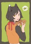  1girl animal_ears bare_shoulders black_hair body_fur cat_ears cat_girl cat_tail crop_top dungeon_meshi eating fang fish food food_bite food_on_face from_behind green_background hands_up highres holding holding_food izutsumi jack_(haist) looking_at_viewer looking_back midriff open_mouth outside_border red_ribbon ribbon rounded_corners short_hair sleeveless solo spoken_animal tail taiyaki twitter_username wagashi yellow_eyes 