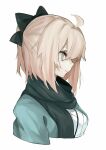  1girl ahoge black_bow black_scarf bow fate/grand_order fate_(series) hair_bow haori highres japanese_clothes kimono looking_to_the_side nakazaki_nozomu okita_souji_(fate) portrait scarf shinsengumi simple_background smile solo white_background 