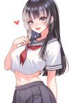  1girl absurdres amaki_daisuke black_hair blue_eyes blunt_bangs blush breasts fang grey_hair grey_sailor_collar grey_skirt highres hololive hololive_dev_is juufuutei_raden large_breasts long_hair looking_at_viewer midriff multicolored_hair navel neckerchief open_mouth pleated_skirt red_neckerchief sailor_collar school_uniform serafuku shirt short_sleeves skin_fang skirt smile solo streaked_hair two-tone_hair virtual_youtuber white_background white_shirt 