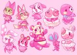  1boy 6+girls animal_crossing animal_ears apple_(animal_crossing) bear bear_girl black_eyes blush blush_stickers bow bright_pupils candi_(animal_crossing) cat cat_girl chrissy_(animal_crossing) colored_sclera cookie_(animal_crossing) cream dog dog_girl dom_(animal_crossing) dress eyelashes facial_mark floral_print food freya_(animal_crossing) fruit furry furry_female furry_male hamster highres jacket limited_palette loveycloud marina_(animal_crossing) meow_(animal_crossing) merengue_(animal_crossing) monster_girl mouse mouse_girl multiple_girls octopus open_mouth pawpads pink_background pink_bow pink_ribbon pinky_(animal_crossing) rabbit rabbit_girl rhinoceros rhinoceros_girl ribbon scarf scylla sheep sheep_girl shirt simple_background strawberry sweater tail tooth whisker_markings white_pupils wolf wolf_girl 