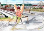  1girl akita_inu alternate_costume alternate_hairstyle black_thighhighs blunt_bangs bridge city commentary_request day expressionless grate hanten_(clothes) headgear high_ponytail holding holding_leash jacket kiritanpo_(food) leash looking_at_viewer miniskirt miyagi_prefecture mountainous_horizon outdoors oversized_food oversized_object painting_(medium) pet_walking pleated_skirt power_lines print_jacket real_world_location red_eyes red_hair river scenery sewer_grate shadow shoes signature skirt sleeves_past_fingers sleeves_past_wrists sneakers solo thighhighs touhoku_kiritan traditional_media uryan! voiceroid walking watercolor_(medium) wide_shot yagasuri zettai_ryouiki 