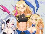  abs absurdres animal_ears aura bare_shoulders black_sclera blonde_hair bow bowtie breasts choker cleavage colored_sclera confetti corruption dark_persona disgaea disgaea_rpg facial_tattoo fingerless_gloves frown gloves highres liezerota_(disgaea) long_hair looking_at_viewer makai_senki_disgaea_5 midriff multiple_girls multiple_persona official_alternate_costume official_alternate_eye_color official_alternate_hair_color open_mouth pale_skin playboy_bunny pointy_ears possessed purple_eyes rabbit_ears scar slit_pupils sparkle tako_(octpus) tattoo triangle void_dark_(disgaea) white_hair wrist_cuffs yellow_eyes 