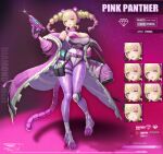  1girl absurdres black_gloves blonde_hair breasts character_name cleavage coat english_commentary expressions full_body gloves gun gyaru highres holding holding_gun holding_weapon large_breasts long_hair long_sleeves looking_at_viewer multicolored_hair open_clothes open_coat original pafekui pantyhose pink_background pink_bag pink_eyes pink_hair puffy_sleeves purple_coat purple_pantyhose simple_background solo streaked_hair twintails two-tone_hair weapon white_footwear 