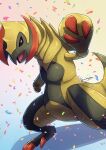  animal_focus black_sclera claws colored_sclera colored_skin commentary_request confetti gradient_background green_skin haxorus highres multicolored_background no_humans open_mouth pokemon pokemon_(creature) red_eyes shadow signature tail tanpakuroom 