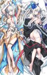  1girl armpits arms_up ass bare_shoulders barefoot black_bow black_kimono blue_eyes blue_hair blush bow braid breasts dakimakura_(medium) fate/grand_order fate_(series) flower french_braid gold_trim grey_hair hair_bow hair_flower hair_ornament hair_ribbon highres japanese_clothes kimono kousaki_rui large_breasts long_hair looking_at_viewer lying morgan_le_fay_(fate) morgan_le_fay_(fgo_fes._2023)_(fate) morgan_le_fay_(water_princess)_(fate) no_panties off_shoulder on_back open_mouth ponytail ribbon sideboob sidelocks solo stomach_tattoo tattoo thighlet twin_braids very_long_hair white_hair 