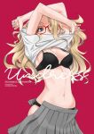  1girl arms_up black_bra black_panties blonde_hair blue_eyes bra breasts clothes_lift comiket_97 cover cover_page dekomegane doujin_cover glasses grey_skirt long_hair looking_at_viewer medium_breasts mole mole_on_breast navel open_clothes open_skirt original panties pleated_skirt red-framed_eyewear red_background sasetsu shirt shirt_lift simple_background skirt solo thick_eyebrows underwear undressing upper_body white_shirt 