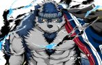  1boy animal_ears bara blue_fur blue_hair chest_hair closed_mouth commentary_request cropped furry furry_male grey_fur grey_hair headband horkeu_kamui jacket jacket_on_shoulders kano_(kano_to10) large_pectorals looking_at_viewer male_focus multicolored_hair muscular muscular_male nipples no_shirt pectorals scar scar_on_face short_hair smile solo tokyo_afterschool_summoners twitter_username two-tone_fur two-tone_hair upper_body white_background wolf_boy wolf_ears yellow_eyes 