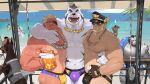 abs alcohol anthro arm_scar barazoku beach bear beard beer beer_mug bernard_(gyee) beverage black_clothing black_gloves black_handwear black_hat black_headwear black_stripes black_swimwear blonde_hair blue_clothing blue_swimwear bottle briefs bulge bulletproof_vest canid canine canis chain chain_necklace chest_scar claws clothed clothing container cup domestic_dog embrace eye_patch eyebrows eyes_closed eyewear facial_hair facial_markings fangs felid feral finger_claws fingerless_gloves footprint forehead_markings fur gloves green_hair grey_body grey_fur group gyee hair handwear hat head_markings headgear headwear hi_res hug human jewelry large_pectorals leather looking_at_another male male_focus mammal manly markings markus_(gyee) mug multicolored_clothing multicolored_swimwear muscular muscular_anthro muscular_arms muscular_male navel necklace nipples nose_scar open_mouth outside palm_tree pantherine pantsless pattern_briefs pattern_clothing pattern_swimsuit pattern_swimwear pawprint pawprint_pattern pecs plant polar_bear purple_briefs purple_clothing purple_swimwear purple_underwear sand santos_(gyee) scar sea seaside short_hair smile spiky_hair striped_body striped_fur stripes sunglasses suntan swimming_trunks swimwear tan_body tan_line tan_skin teeth thick_eyebrows tiger tongue tooboshoo topless topless_male tree trio underwear ursine water white_body white_fur yellow_clothing yellow_eyes yellow_swimwear