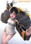 1girl black_hair bracelet chinese_clothes copyright_name from_above highres jewelry ling_xiaoyu looking_at_viewer murasaki-sin open_mouth solo tekken tekken_8 thighs twintails white_background wide_sleeves 