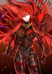 1girl bodysuit buster_shirt cape chain collared_cape family_crest fate/grand_order fate_(series) hair_over_one_eye highres holding holding_sword holding_weapon looking_at_viewer medallion oda_nobunaga_(fate) oda_nobunaga_(maou_avenger)_(fate) oda_uri parted_lips popped_collar red_cape red_eyes red_hair red_lips solo standing sword takashi_(huzakenna) tight_top weapon 