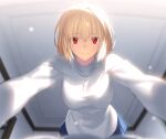  1girl arcueid_brunestud blonde_hair breasts dress game_cg indoors jewelry necklace official_art red_eyes short_hair smile solo takeuchi_takashi tsukihime tsukihime_(remake) turtleneck turtleneck_dress white_dress 