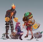  1girl 2boys absurdres animal annie_(league_of_legends) brand_(league_of_legends) burnt fire from_side gradient_background grey_background highres jose_(1223919115) kneehighs league_of_legends looking_at_another medium_hair milio_(league_of_legends) miniskirt multiple_boys pink_skirt profile puffy_short_sleeves puffy_sleeves red_hair rock shoes short_sleeves sitting skirt smile snail socks standing striped striped_socks tibbers 