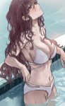  1girl bikini blue_eyes blush breasts brown_hair collarbone hair_between_eyes highres large_breasts long_hair looking_up navel original parted_lips partially_submerged pool saya_(mychristian2) solo standing swimsuit water wet wet_hair white_bikini 