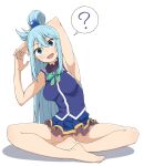  1girl :d ? aqua_(konosuba) armpits arms_up bangs bare_legs bare_shoulders barefoot blue_eyes blue_hair blue_shirt blush breasts feet full_body groin hair_ornament hair_rings indian_style kono_subarashii_sekai_ni_shukufuku_wo! leaning_to_the_side long_hair looking_at_viewer no_panties open_mouth salpin shirt simple_background sitting skirt sleeveless smile solo speech_bubble spoken_question_mark very_long_hair white_background 