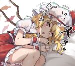  !? 1boy 1girl blonde_hair flandre_scarlet hat lying mob_cap open_mouth penis_awe puffy_short_sleeves puffy_sleeves red_eyes short_sleeves surprised tada_no_nasu touhou twitter_username 