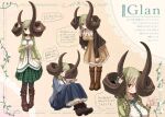  159cm 1girl animal_ears asymmetrical_horns blue_skirt blush boots braid breasts brown_dress brown_footwear brown_jacket closed_mouth dress glan_(159cm) green_hair green_jacket grey_legwear hand_up horn_flower horns huge_horns jacket large_breasts leaning_forward long_hair long_skirt long_sleeves looking_at_viewer multiple_views open_clothes open_jacket original pantyhose pigeon-toed sitting skirt smile standing translation_request twin_braids yellow_eyes 