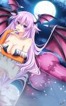  1girl adult_neptune bare_shoulders blush breasts cosplay dress full_moon hair_between_eyes hair_flaps head_wings highres lewdkuma long_hair looking_at_viewer medium_breasts moon morrigan_aensland morrigan_aensland_(cosplay) neptune_(series) night night_sky purple_eyes purple_hair reflection shin_jigen_game_neptune_vii sidelocks signature sky solo tongue tongue_out wings 