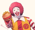  1boy :d afro black_eyes brown_background burger clown colored_skin facepaint food gloves holding holding_food jumpsuit kuromiya looking_at_viewer male_focus mcdonald&#039;s one-hour_drawing_challenge red_hair red_lips ronald_mcdonald simple_background smile solo striped_sleeves twitter_username upper_body white_skin yellow_gloves yellow_jumpsuit 