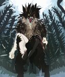 anthro breasts canid canine carrying cheek_tuft duo facial_tuft female fluffy fluffy_chest forest forest_background fur male male/female mammal nahyon nahyon_(character) nature nature_background neck_tuft open_mouth plant teeth tree tuft were werecanid werecanine werewolf