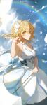  1girl absurdres artist_name bare_shoulders blonde_hair blue_sky breasts cloud dress floating_hair flower genshin_impact hair_between_eyes hair_flower hair_ornament hand_up highres holding holding_umbrella looking_at_viewer lumine_(genshin_impact) petals rainbow short_hair short_hair_with_long_locks sky sleeveless sleeveless_dress small_breasts solo umbrella white_dress white_flower white_umbrella yellow_eyes yolanda 