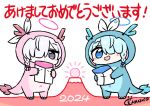 2024 2girls animal_costume arona_(blue_archive) black_eyes blue_archive blue_eyes blue_hair blue_halo braid chan_co closed_mouth dragon_costume grey_hair hair_over_one_eye halo happy_new_year holding long_hair multiple_girls open_mouth pink_hair plana_(blue_archive) red_halo signature single_braid smile 