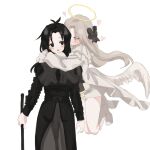  2girls agape_(shtdn) angel angel_wings black_bow black_dress black_hair bow brown_eyes dress full_body genderswap genderswap_(mtf) goyou_(shtdn) grey_background grey_hair hair_bow halo heart highres long_hair long_sleeves multiple_girls shtdn white_dress wings x5vasilva yuri 