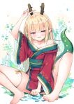  1girl bare_shoulders barefoot blonde_hair blush breasts cleavage collarbone commentary_request dragon_girl dragon_horns dragon_tail fingernails half-closed_eyes highres horns huei_nazuki japanese_clothes kimono knees_up long_fingernails long_hair long_sleeves long_toenails looking_at_viewer nail_polish obi open_mouth original pelvic_curtain pink_eyes pointy_ears red_kimono red_nails sash sitting small_breasts solo spread_legs tail thick_eyebrows toenail_polish toenails v 