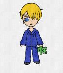  1boy aged_down artist_request black_footwear blonde_hair blue_eyes blue_pajamas child commentary crying curly_eyebrows english_commentary hair_over_one_eye highres holding holding_stuffed_toy objectification one_piece open_mouth pajamas roronoa_zoro sanji_(one_piece) solo source_request stuffed_animal stuffed_toy tears teddy_bear 
