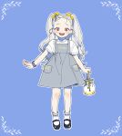  1girl alternate_costume black_footwear blue_background blue_dress boku_no_hero_academia bow child dress eri_(boku_no_hero_academia) full_body grey_hair hair_bow highres horns long_hair looking_at_viewer open_mouth oru_2ji red_eyes shirt single_horn solo standing twintails white_shirt yellow_bow 