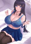  1girl bare_shoulders black_hair black_thighhighs blue_bra blue_eyes blue_skirt blush bra bracelet breasts cleavage closed_mouth commentary_request from_above hair_ornament hairclip highres indoors jewelry large_breasts long_sleeves looking_at_viewer natsuishi_nana navel necklace off_shoulder original pleated_skirt shirt sitting skirt smile solo thighhighs thighs underwear white_shirt 