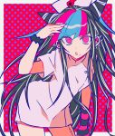  1girl :o alternate_costume black_hair black_scrunchie border danganronpa_(series) danganronpa_2:_goodbye_despair ear_piercing green_hair grey_border hair_horns highres leaning_forward long_hair mioda_ibuki piercing red_background red_eyes red_hair scar scar_on_leg scrunchie short_sleeves solo todoroki_gk2 white_hair wrist_scrunchie 