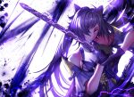  1girl absurdres bare_shoulders breasts choker closed_mouth dress eyebrows_visible_through_hair fhilippedu frilled_gloves frills genshin_impact gloves hair_cones hair_ears hair_over_one_eye highres holding holding_sword holding_weapon keqing_(genshin_impact) lightning long_hair looking_at_viewer purple_choker purple_dress purple_eyes purple_gloves purple_hair solo sword twintails weapon white_background 