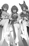  3girls animal_ears arm_under_breasts barefoot breasts covered_navel crossed_arms dress earrings fox_ears gloves greyscale hair_between_eyes highres himeko_(honkai:_star_rail) honkai:_star_rail honkai_(series) jacket jewelry knee_up large_breasts light_smile long_hair looking_at_viewer medium_hair monochrome multiple_girls pelvic_curtain ruan_mei_(honkai:_star_rail) scarf sidelocks simple_background soles standing standing_on_one_leg strapless strapless_dress takai_isshiki toenails white_background yukong_(honkai:_star_rail) 