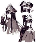 1boy 1girl black_cape blush brother_and_sister cape chibi family_crest fate/grand_order fate_(series) gloves greyscale hat long_sleeves low_ponytail medallion military_hat monochrome oda_nobukatsu_(fate) oda_nobunaga_(fate) oda_uri peaked_cap pointing pointing_up shako_cap siblings simple_background upper_body white_background yzrh0 