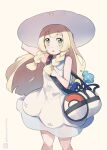  1girl :o arm_up bag bare_arms bare_shoulders blonde_hair braid brown_background collared_dress cosmog dress duffel_bag feet_out_of_frame green_eyes hand_on_headwear hat kuromiya lillie_(pokemon) long_hair one-hour_drawing_challenge parted_lips pokemon pokemon_(creature) pokemon_sm sidelocks simple_background sleeveless sleeveless_dress standing sun_hat twin_braids twitter_username very_long_hair white_dress white_headwear 