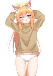  1girl absurdres animal_ears ass_visible_through_thighs blue_archive blue_eyes commentary halo highres kabocya_na long_hair long_sleeves mari_(blue_archive) no_pants orange_hair panties solo thigh_gap underwear white_panties yellow_halo 