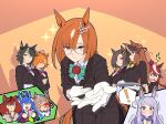  6+girls air_groove_(umamusume) animal_ears blood blue_eyes blue_hair blush bow bowtie brown_eyes brown_hair character_request commentary_request crossdressing crown female_butler flower fuji_kiseki_(umamusume) glasses heterochromia high_ponytail highres horse_ears horse_girl horse_tail ikuno_dictus_(umamusume) long_hair mejiro_mcqueen_(umamusume) mini_crown multicolored_hair multiple_girls nice_nature_(umamusume) nosebleed orange_hair red_flower red_rose rose round_eyewear sharp_teeth streaked_hair symboli_rudolf_(umamusume) t_m_opera_o_(umamusume) tail tailcoat teeth tokai_teio_(umamusume) tuxedo twin_turbo_(umamusume) twintails two-tone_hair umamusume wakayama_kazuto white_hair 