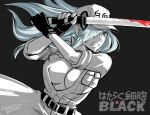  1girl angry artist_name attack belt_buckle black_background black_gloves blood bloody_weapon breast_pocket breasts buckle center_opening clenched_teeth coat collared_coat copyright_name ears fingerless_gloves flat_cap gloves hair_over_one_eye hat hataraku_saibou hataraku_saibou_black holding holding_sword holding_weapon huge_breasts katana long_hair long_sleeves pocket serious sidelocks signature silver_eyes silver_hair simple_background sleeves_rolled_up solo sword teeth u-1196 ur_(wulfa) weapon white_blood_cell_(hataraku_saibou) white_coat 