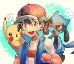  1boy ? ash_ketchum bangs baseball_cap black_hair blue_jacket brown_eyes clenched_hand commentary gen_1_pokemon gen_4_pokemon hair_between_eyes hat highres jacket kash-phia looking_at_viewer male_focus notice_lines open_mouth pikachu pokemon pokemon_(anime) pokemon_(creature) pokemon_on_back pokemon_swsh_(anime) red_headwear riolu shirt sleeveless sleeveless_jacket t-shirt tongue upper_teeth white_shirt 