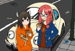  3girls =_= alternate_costume alternate_eye_color beanie bespectacled black_eyes blue_hair blue_jacket brand_name_imitation brown_hair brown_headwear burger can car choro-q commentary_request crushed_can day drink_can food food_bite glasses grey_pants grin hand_on_own_hip hat headgear holding holding_food hood hood_down hoodie jacket jitome kotonoha_akane kotonoha_aoi lamppost long_hair long_sleeves looking_at_viewer low-tied_sidelocks motor_vehicle multiple_girls nisaka open_clothes open_jacket orange_hoodie outdoors pants pink_hair red_shirt road sharp_teeth shirt sidelocks smile standing street teeth touhoku_kiritan trash voiceroid 