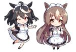  ;) ahoge alternate_costume animal_ears apron arm_behind_back black_dress black_footwear black_hair bob_cut braid brown_eyes brown_hair chibi clothes_lift dress dress_lift enmaided french_braid frilled_apron frills hair_ornament half_updo horse_ears horse_girl horse_tail kitasan_black_(umamusume) long_hair looking_at_viewer maid maid_apron maid_headdress multicolored_hair one_eye_closed puffy_short_sleeves puffy_sleeves red_eyes satono_diamond_(umamusume) short_hair short_sleeves simple_background smile streaked_hair sunny_(20597521) tail two-tone_hair umamusume waist_apron white_apron white_background white_hair wrist_cuffs 