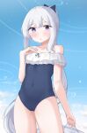  1girl absurdres arcaeder_17 bare_arms bare_legs bare_shoulders black_one-piece_swimsuit blue_archive blue_halo blush cowboy_shot frilled_one-piece_swimsuit frills grey_hair halo highres long_hair miyako_(blue_archive) miyako_(swimsuit)_(blue_archive) off-shoulder_one-piece_swimsuit off_shoulder official_alternate_costume official_alternate_hairstyle one-piece_swimsuit parted_lips ponytail purple_eyes solo swimsuit 
